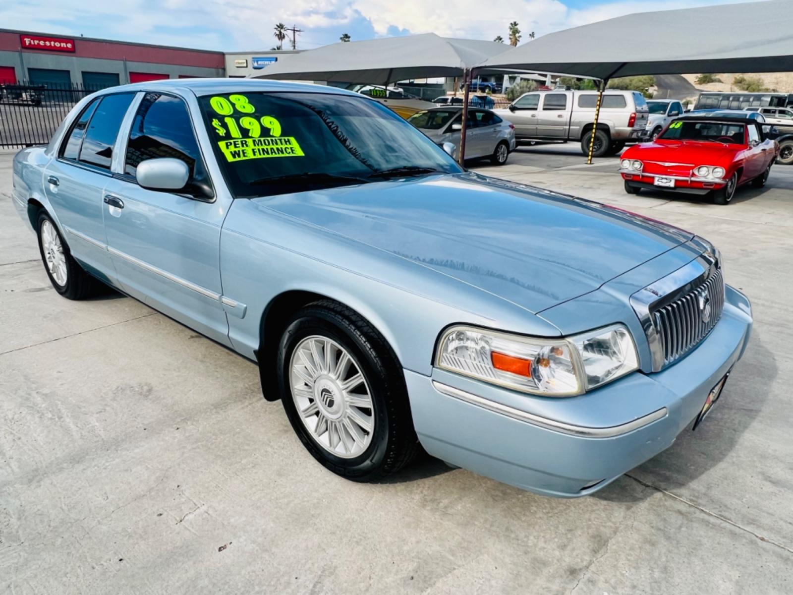 2008 blue /tan Mercury Grand Marquis LS (2MEFM75V98X) with an 4.6L V8 OHC FFV engine, 4-Speed Automatic Overdrive transmission, located at 2190 Hwy 95, Bullhead City, AZ, 86442, (928) 704-0060, 0.000000, 0.000000 - 2008 Mercury Grand Marquis LS. super clean. 4.6 V8. 126k miles. automatic, leather. Completely serviced. Ice cold A/c . free warranty. In house financing available. Buy here pay here. Free carfax. Free and clear Arizona title. This car runs and drives great. V8 - Photo #0