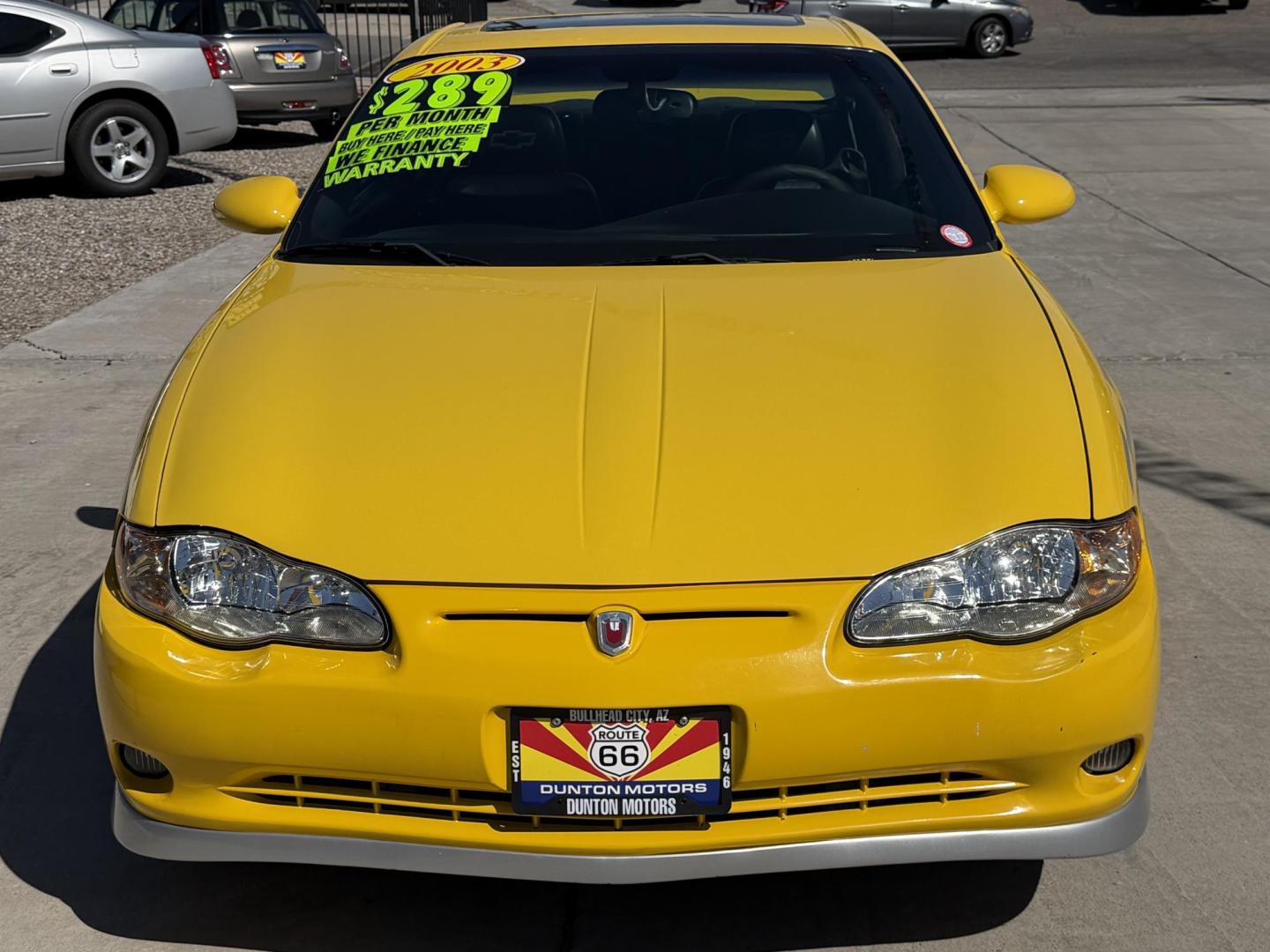 2002 Yellow /Black Chevrolet Monte Carlo SS , located at 2190 Hwy 95, Bullhead City, AZ, 86442, (928) 704-0060, 0.000000, 0.000000 - 2002 Chevrolet Monte Carlo SS custom.3.8 V6.. 123k miles. automatic. always garaged. Brand new tires. ice cold a/c.. In house financing available. yellow interior accents. Custom painted hood scoops. Custom 18in chrome wheels with firestone tires. Free carfax. 2 owners. Arizona car. Free warranty. - Photo#1
