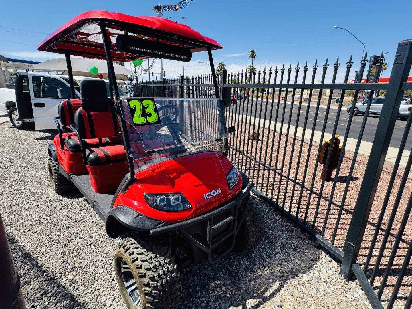 2023 Red Icon 4 seater , located at 2190 Hwy 95, Bullhead City, AZ, 86442, (928) 704-0060, 0.000000, 0.000000 - On consignment. This super clean like new 2023 Icon golf cart. All electric. up to 35 MPH. hard top . hard full windshield. custom stereo. only 13 miles. Yes 13 miles. like brand new. Brand new batteries. always garaged. Really fun to drive. $8500. - Photo#1