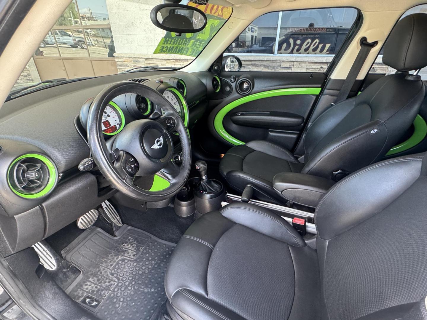 2013 Charcoal Mini Countryman S ALL4 (WMWZC5C57DW) with an 1.6L L4 DOHC 16V TURBO engine, located at 2190 Hwy 95, Bullhead City, AZ, 86442, (928) 704-0060, 0.000000, 0.000000 - 2013 mini cooper S all 4 edition. custom lime green interior trimmed racing seats. clean carfax. automatic, leather loaded. cool car lots of fun to drive. 63k miles - Photo#11