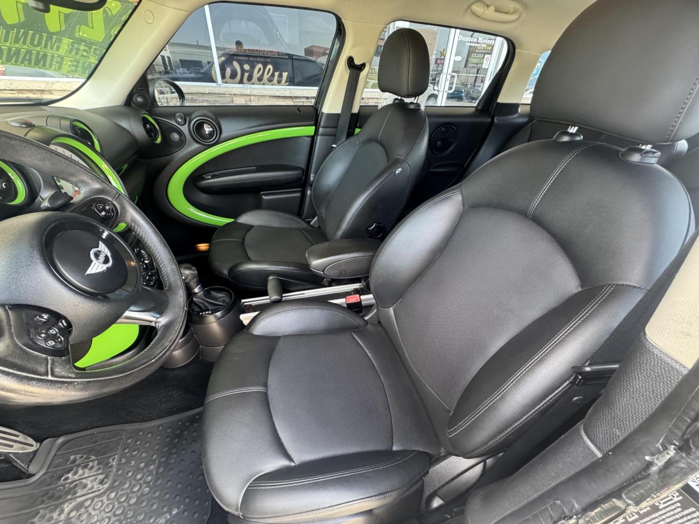 2013 Charcoal Mini Countryman S ALL4 (WMWZC5C57DW) with an 1.6L L4 DOHC 16V TURBO engine, located at 2190 Hwy 95, Bullhead City, AZ, 86442, (928) 704-0060, 0.000000, 0.000000 - 2013 mini cooper S all 4 edition. custom lime green interior trimmed racing seats. clean carfax. automatic, leather loaded. cool car lots of fun to drive. 63k miles - Photo#14