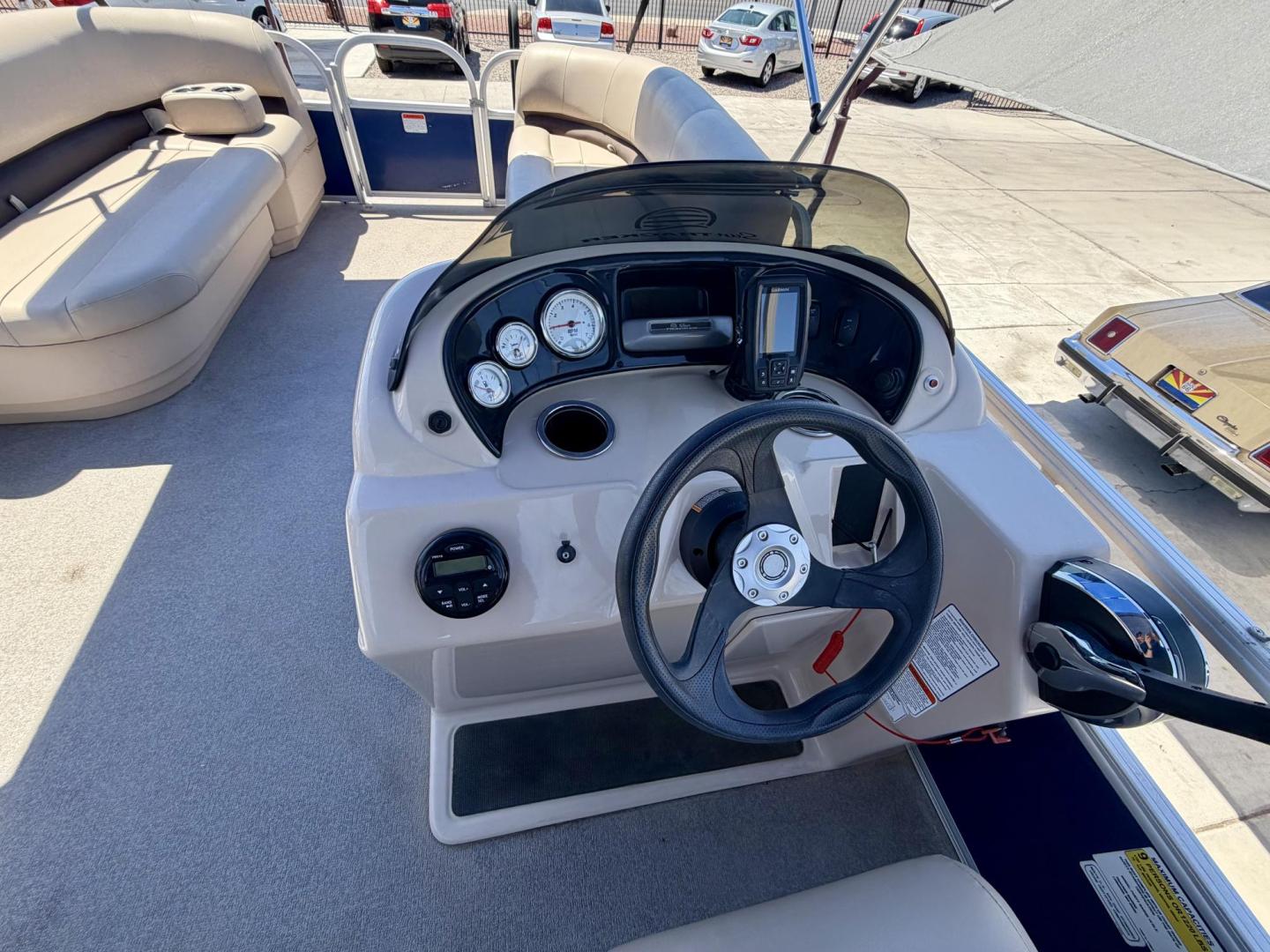 2017 White suntracker 181 Party Barge , located at 2190 Hwy 95, Bullhead City, AZ, 86442, (928) 704-0060, 0.000000, 0.000000 - 2017 Suntracker 181 Party Barge. 1 owner. Purchased brand new. only 100 hours on it. nice sized 75 4 stroke engine. double biminis. runs great. - Photo#6